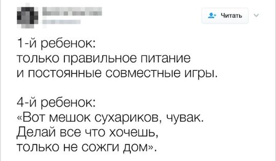 в а в Читать 17й ребенок только правильное питание и постоянные совместные игры 4 й ребенок Вот мешок сухариков чувак Делай все что хочешь только не сожги дом