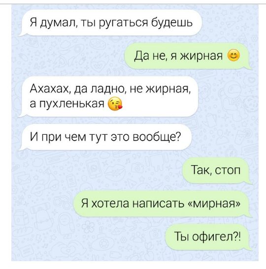 Я думал ты ругаться будешь Да не я жирная О Ахахах да ладно не жирная а пухленькая С И при чем тут это вообще Так стоп Я хотела написать мирная Ты офигел