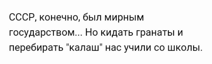 СССР конечно был мирным государством Но кидать гранаты и перебирать калаш нас учили со школы