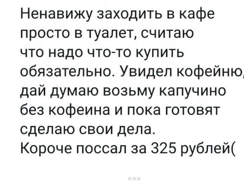 Ненавижу заходить в кафе просто в туалет считаю что надо что то купить обязательно Увидел кофейню дай думаю возьму капучино без кофеина и пока готовят сделаю свои дела Короче поссап за 325 рублей