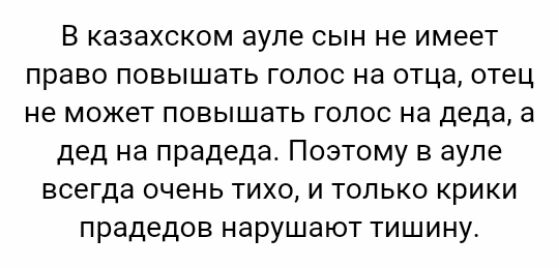 В казахском ауле сын не имеет право повышать голос на отца отец не может повышать голос на деда а дед на прадеда Поэтому в ауле всегда очень тихо и только крики прадедов нарушают тишину