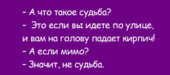 А что такое судьба Это если вы идете по улице и вам на голову подает кирпич А если мимо Значит не судьба