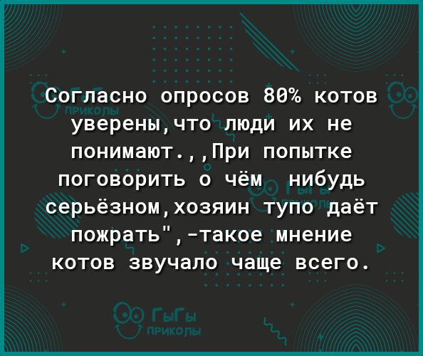 Согласно опросов 86 котов уверенычто люди их не понимаютПри попытке поговорить о чём нибудь серьёзномхозяин тупо даёт пожратьтакое мнение котов звучало чаще всего