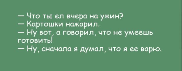Что ты ал вчера на ужин Картошки нажарил Ну вот говорил что не умеешь готовить Ну сначала я думал что я ее ворю