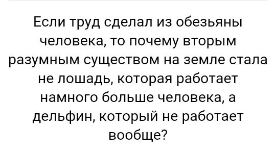 Если труд сделал из обезьяны человека то почему вторым разумным существом на земле стала не лошадь которая работает намного больше человека а дельфин который не работает вообще