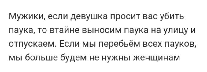 Мужики если девушка просит вас убить паука то втайне выносим паука на улицу и отпускаем Если мы перебьём всех пауков мы больше будем не нужны женщинам