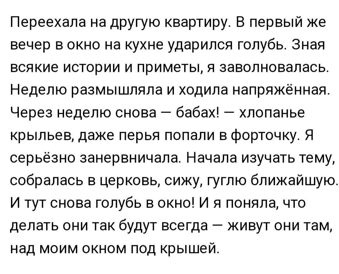 Переехала на другую квартиру В первый же вечер в окно на кухне ударился голубь Зная всякие истории и приметы я заволновалась Неделю размышляпа и ходила напряжённая Через неделю снова бабах хлопанье крыльев даже перья попали в форточку Я серьёзно занервничала Начала изучать тему собралась в церковь сижу гуглю ближайшую И тут снова голубь в окно И я поняла что делать они так будут всегда живут они т