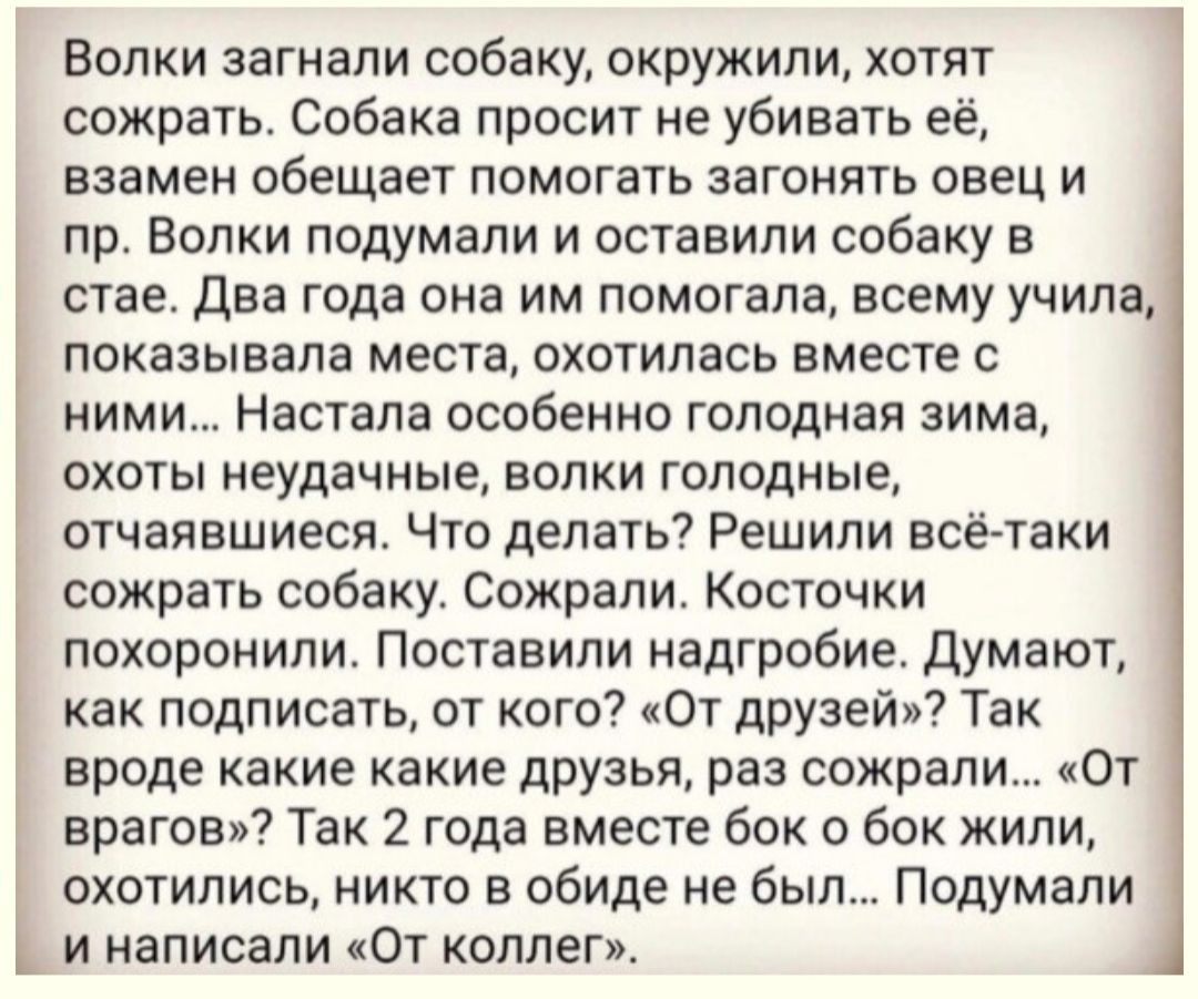 Волки загнапи собаку окружили хотят сожрать Собака просит не убивать её взамен обещает помогать загонять овец и пр волки подумали и оставили собаку в стае Два года она им помогала всему учила показывала места охотилась вместе с ними Настала особенно голодная зима охоты неудачные волки голодные отчаявшиеся Что делать Решили всётаки сожрать собаку Сожрапи Косточки похоронили Поставили надгробие дума