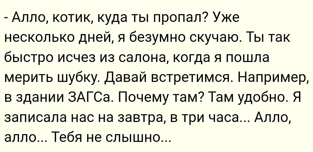 Алло котик куда ты пропал Уже несколько дней я безумно скучаю Ты так быстро исчез из салона когда я пошла мерить шубку Давай встретимся Например в здании ЗАГСа Почему там Там удобно Я записала нас на завтра в три часа Алло алло Тебя не слышн