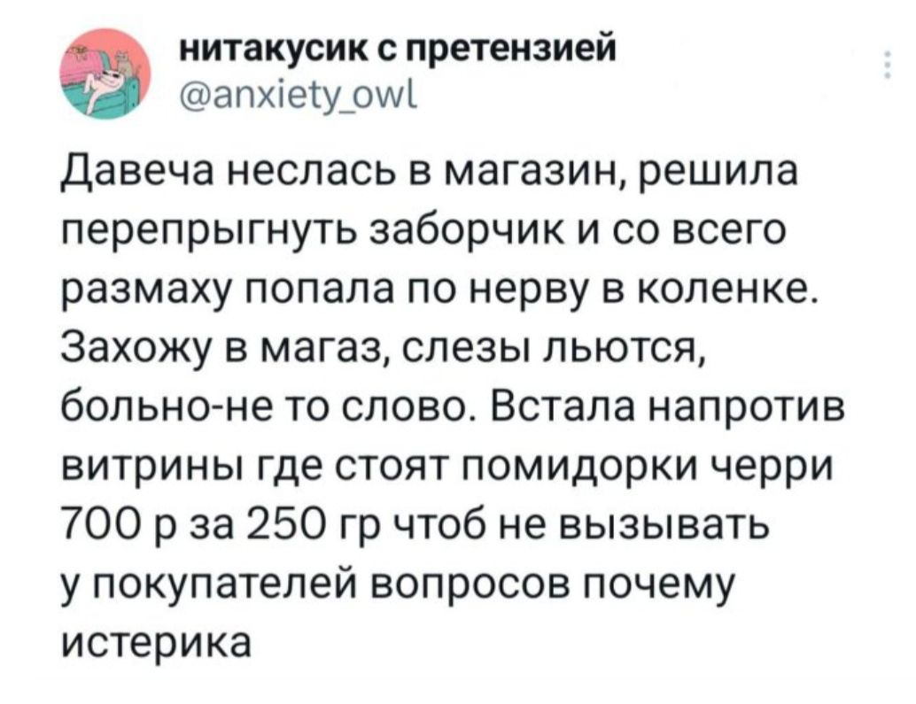 Давеча неслась в магазин, решила перепрыгнуть заборчик и со всего размаху попала по нерву в коленке. Захожу в магазин, слезы льются, больно-не то слово. Встала напротив витрины где стоят помидорки черри 700 р за 250 гр чтоб не вызывать у покупателей вопросов почему истерику.