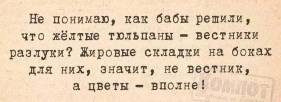 Не понимаю как бабы решили что жёлтые тюльпаны вестники разлуки Жировые вкладки на боках для них значит не вестник цветы вполне