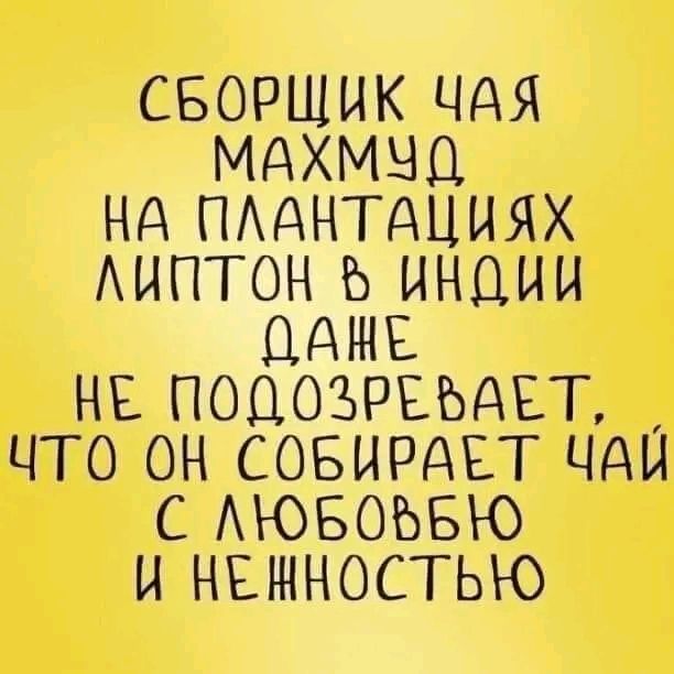 СБОРЩИК ЧАЯ МАХМУЧД НА ПЛАНТАЦИЯХ ЛИПТОН ИНОИЙ ОАНЕ НЕ ПОДОЗРЕЪАЕТ ЧТО ОН СОБИРАЕТ ЧАЙ С МЮБОЪЬЮ И НЕЖНОСТЬЮ