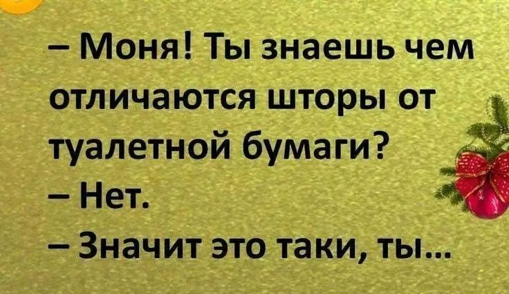 Моня Ты знаешь чем отличаются шторы от туалетной бумаги Нет Значит это таки ты