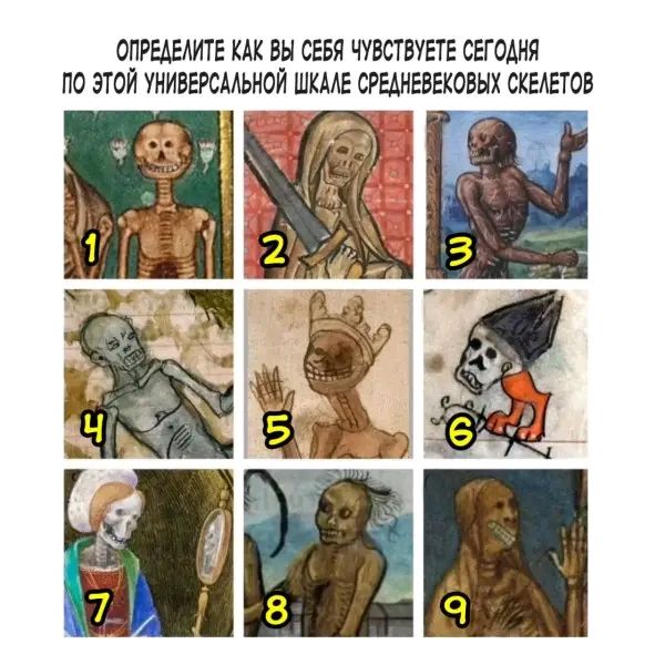 ОПРЕДЕЛИТЕ КАК ВЫ СЕБЯ ЧУВСТВУЕТЕ СЕГОДНЯ ГО ЭТОЙ УНИВЕРСАЛЬНОЙ ШКАЛЕ СРЕДНЕВЕКОВЫХ СКЕЛЕТОВ че