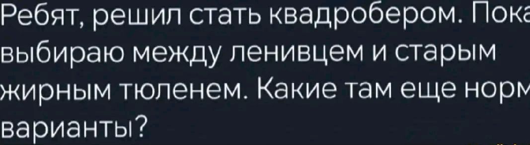 Ребят решил стать квадробером Пок выбираю между ленивцем и старым жирным тюленем Какие там еще норм варианты