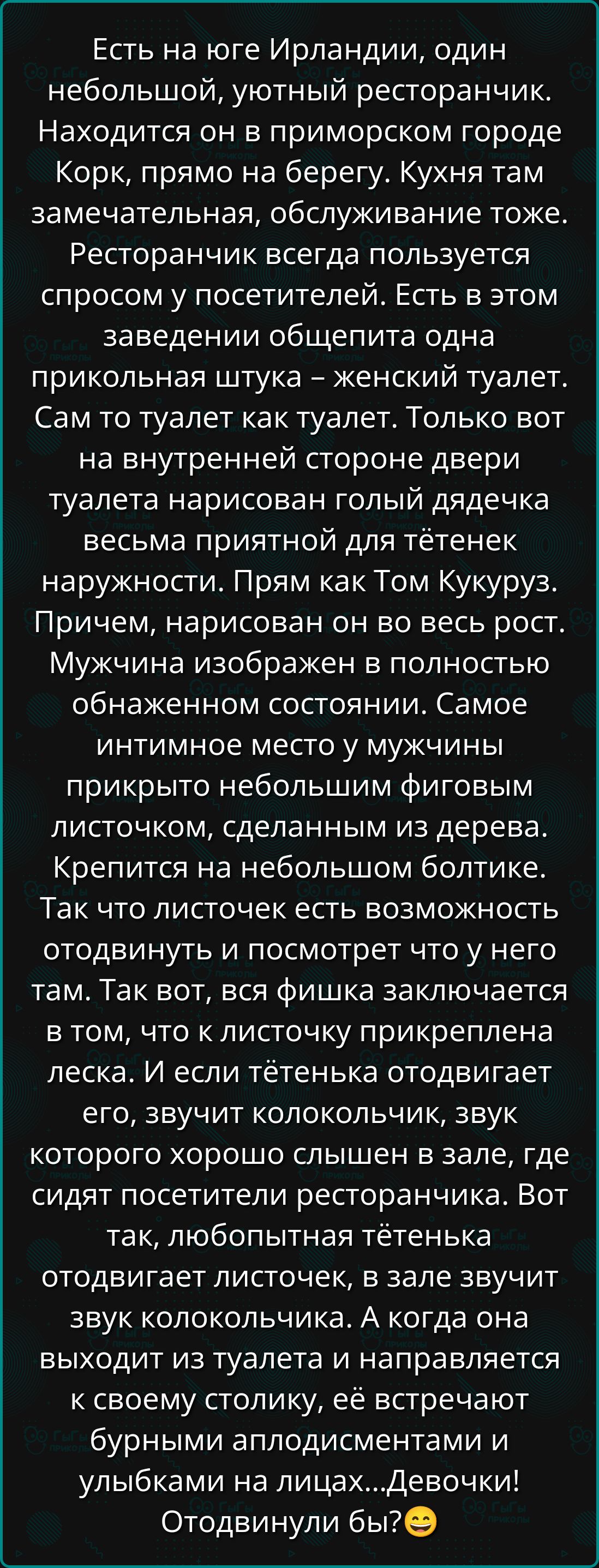 Есть на юге Ирландии один небольшой уютный ресторанчик Находится он в приморском городе Корк прямо на берегу Кухня там замечательная обслуживание тоже Ресторанчик всегда пользуется спросом у посетителей Есть в этом заведении общепита одна прикольная штука женский туалет Сам то туалет как туалет Только вот на внутренней стороне двери туалета нарисов