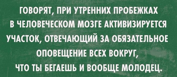 ГОВОРЯТ ПРИ УТРЕННИХ ПРОБЕЖКАХ В ЧЕЛОВЕЧЕСКОМ МОЗГЕ АКТИВИЗИРУЕТСЯ УЧАСТОК ОТВЕЧАЮЩИЙ ЗА ОБЯЗАТЕЛЬНОЕ ОПОВЕЩЕНИЕ ВСЕХ ВОКРУГ ЧТО ТЫ БЕГАЕШЬ И ВООБЩЕ МОЛОДЕЦ