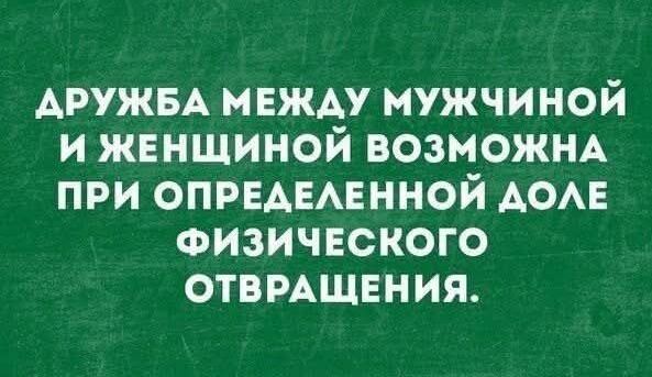 ДРУЖБА МЕЖДУ МУЖЧИНОЙ И ЖЕНЩИНОЙ ВОЗМОЖНА ПРИ ОПРЕДЕЛЕННОЙ ДОЛЕ ФИЗИЧЕСКОГО ОТВРАЩЕНИЯ.