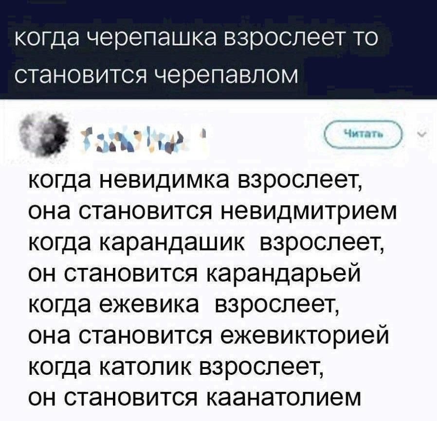 когда черепашка взрослеет то становится черепавлом

когда невидимка взрослеет, она становится невидмитрием
когда карандашик взрослеет, он становится карандарьей
когда ежевика взрослеет, она становится ежевикторией
когда католик взрослеет, он становится каанатолием