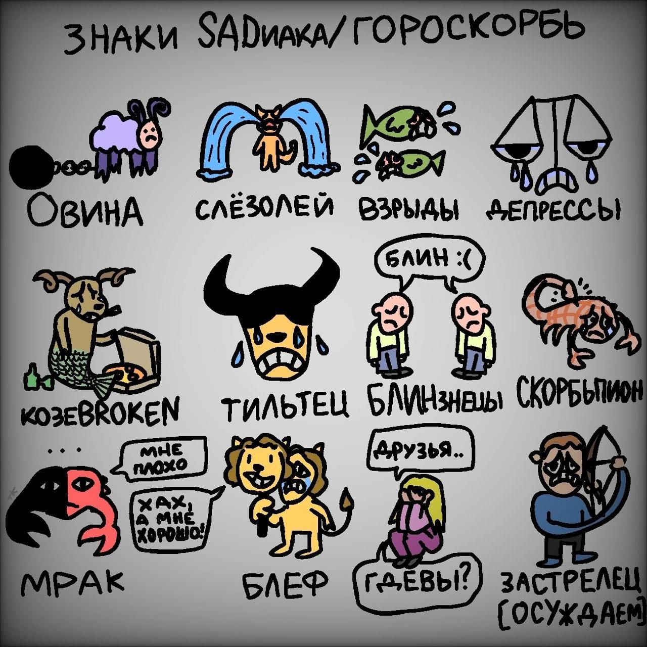 Знаки SADИЯка/гороскоп
Овина
Слёзлей
Взрывные
Депрессы
Козеврокен
Тильтец
Близнецы
Скорпион
Мрак
Блеф
Гдеив? 
Застрелец (осуждаем)