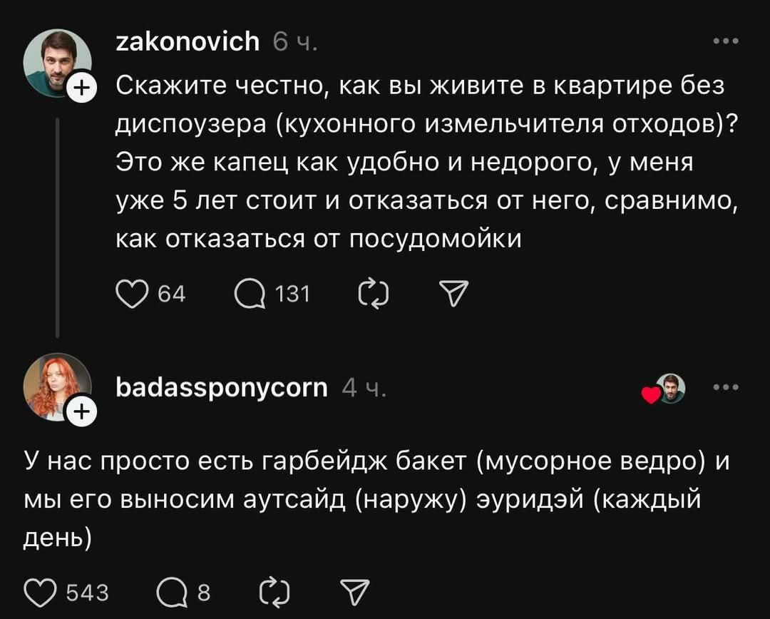 Скажите честно, как вы живите в квартире без диспоузера (кухонного измельчителя отходов)? Это же капец как удобно и недорого, у меня уже 5 лет стоит и отказаться от него, сравнимо, как отказаться от посудомойки
У нас просто есть гарбейдж бакет (мусорное ведро) и мы его выносим аутсайд (наружу) ежедневно (каждый день)