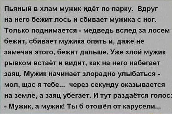 Пьяный в хлам мужик идёт по парку. Вдруг на него бежит лось и сбивает мужика с ног. Только поднимается - медведь всклe за лосем бежит, сбивает мужика опять, и даже не замечая этого, бежит дальше.. Уже злой мужик рывком встанет и видит, как на него набегает заяц. Мужик начинает злорадно улыбаться - мол, ща я тебе... через секунду оказывается на земле, а заяц убеет. И тут раздаётся голос: - Мужик, а мужик! Ты б отошёл от карусели...