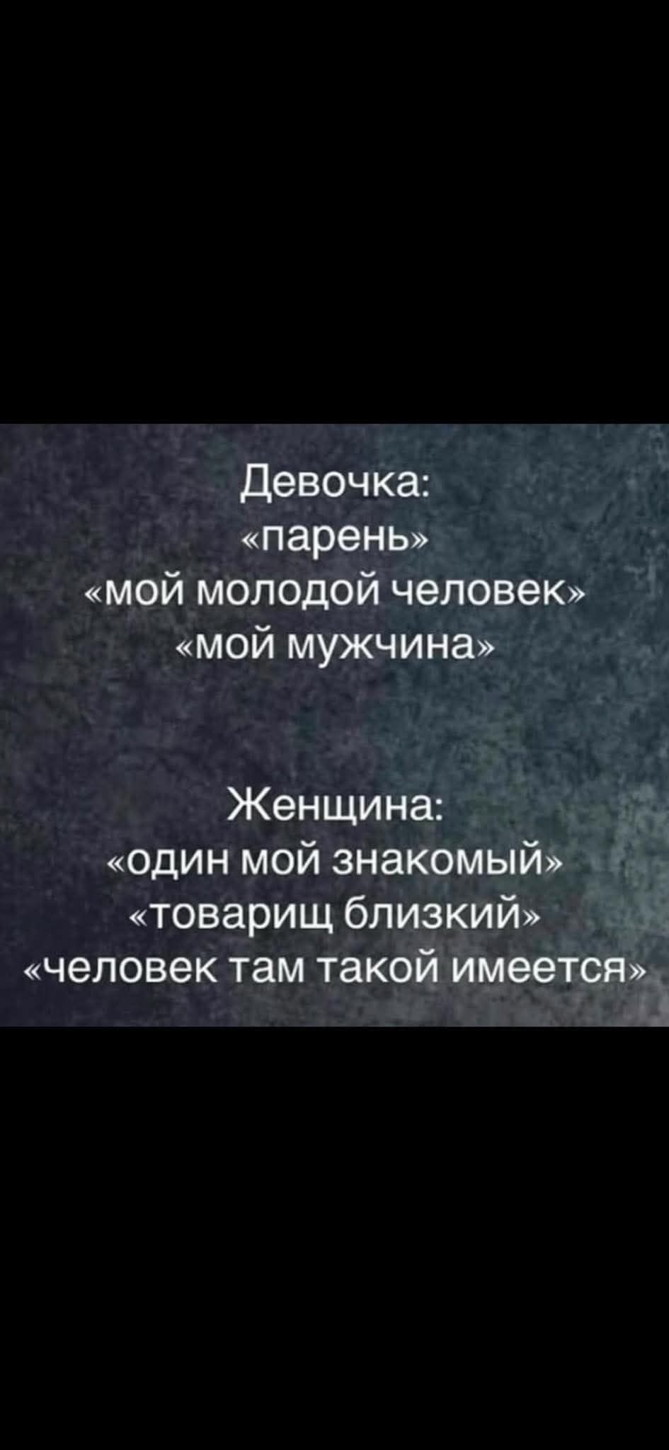 Девочка: «парень» «мой молодой человек» «мой мужчина»
Женщина: «один мой знакомый» «товарищ близкий» «человек там такой имеется»