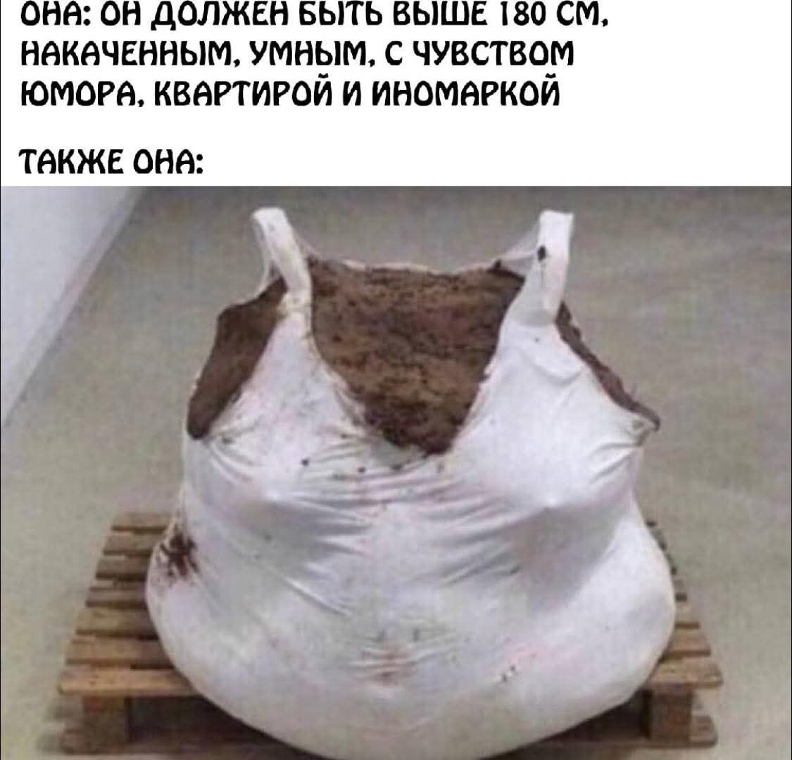 ОНА: ОН ДОЛЖЕН БЫТЬ ВЫШЕ 180 СМ, НАКАЧЕННЫМ, УМНЫМ, С ЧУВСТВОМ ЮМОРА, КВАРТИРОЙ И ИНОМАРКОЙ
ТАКЖЕ ОНА: