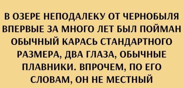 В ОЗЕРЕ НЕПОДАЛЕКУ ОТ ЧЕРНОБЫЛЯ ВПЕРВЫЕ ЗА МНОГО ЛЕТ БЫЛ ПОЙМАН ОБЫЧНЫЙ КАРАСЬ СТАНДАРТНОГО РАЗМЕРА, ДВА ГЛАЗА, ОРДИНАРНЫЕ ПЛАВНИКИ. ВПРОЧЕМ, ПО ЕГО СЛОВАМ, ОН НЕ МЕСТНЫЙ