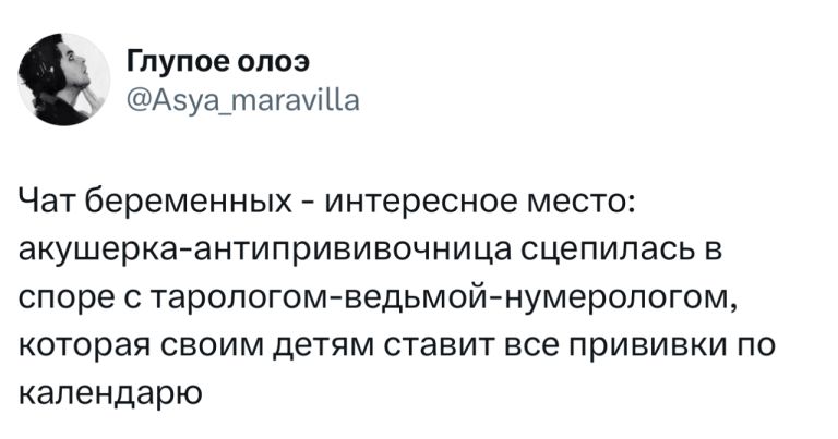 Чат беременных - интересное место: акушерка-антипрививочница щепилась в споре с тарологом-ведьмой-нумерологом, которая своим детям ставит все прививки по календарю.