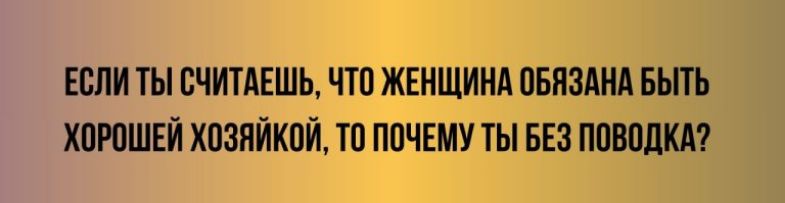 ЕСЛИ ТЫ СЧИТАЕШЬ, ЧТО ЖЕНЩИНА ОБЯЗАНА БЫТЬ ХОРОШЕЙ ХОЗЯЙКОЙ, ТО ПОЧЕМУ ТЫ БЕЗ ПОВОДКА?