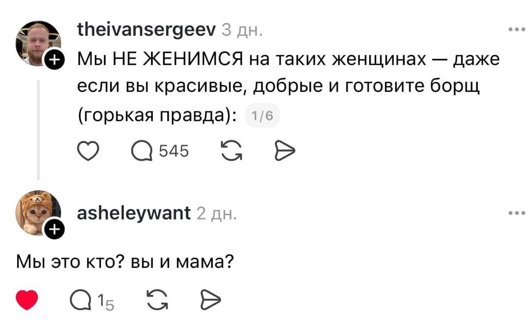 Мы НЕ ЖЕНИМСЯ на таких женщинах — даже если вы красивые, добрые и готовите борщ (горькая правда): 1/6
Мы это кто? вы и мама?