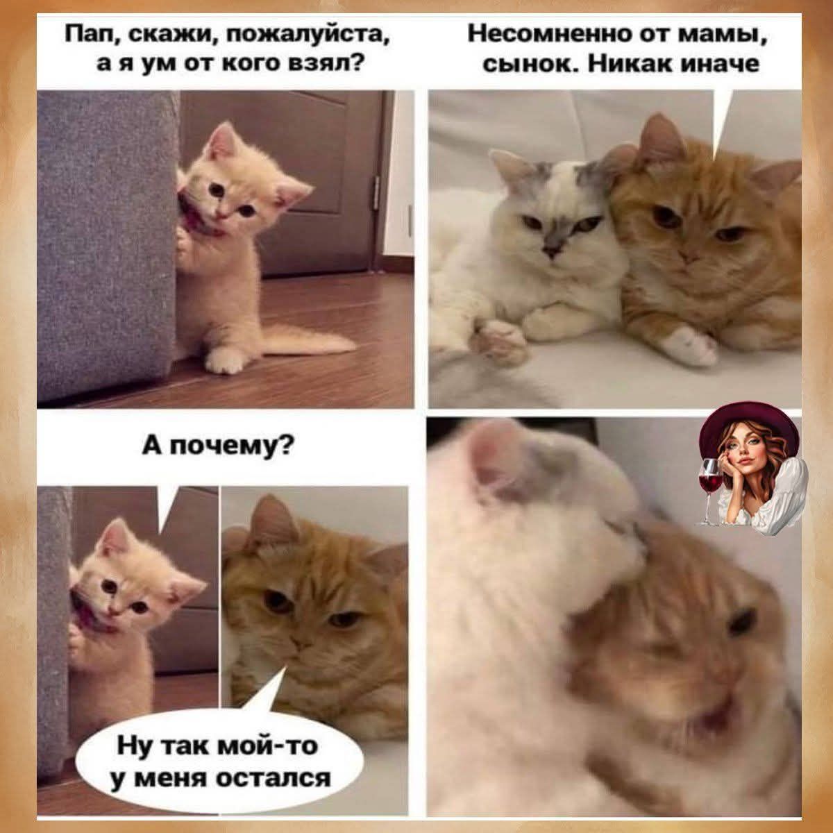 Пап, скажи, пожалуйста, а я ум от кого взял? Необходимо от мамы, сынок. Никак иначе. А почему? Ну так мой-то у меня остался.