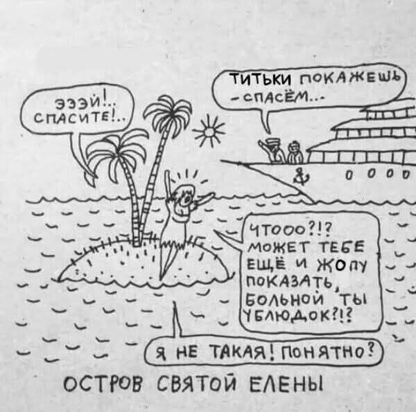 Эй! Спасите!.. Титьки покажешь – спасём... ЧТООО?!? может тебе ещё и жопу показать, больной ты ублюдок?! Я не такая! Понятно? Остров святой Елены