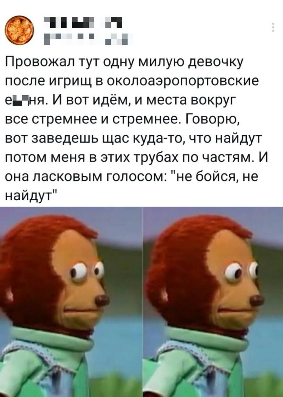 Провожал тут одну милую девочку после игрщ в околозеаэропортовские е......ня. И вот идём, и места вокруг все стрёмнее и стрёмнее. Говорю, вот заведёшь щас куда-то, что найдут потом меня в этих трубах по частям. И она ласковым голосом: 