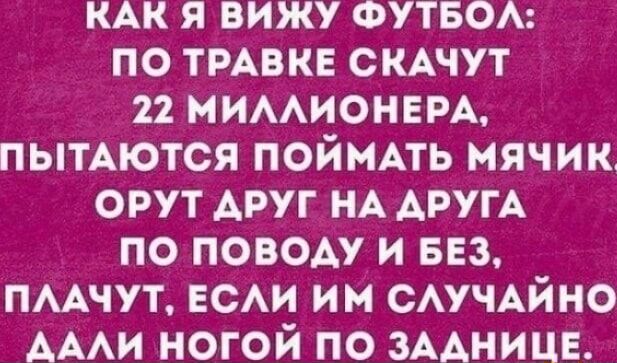 КАК Я ВИЖУ ФУТБОЛ: ПО ТРАВКЕ СКАЧУТ 22 МИЛЛИОНЕРА, ПОПЫТЫВАЮТСЯ ПОЙМАТЬ МЯЧИК ОРУТ ДРУГ НА ДРУГА ПО ПОВОДУ И БЕЗ, ПЛАЧУТ, ЕСЛИ ИМ СЛУЧАЙНО ДАЛИ НОГОЙ ПО ЗАДНИЦЕ.