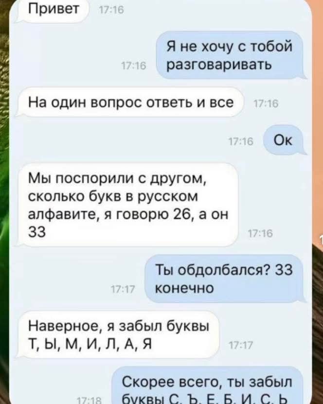 Привет
Я не хочу с тобой разговаривать
На один вопрос ответь и все
Ok
Мы поспорили с другом, сколько букв в русском алфавите, я говорю 26, а он 33
Ты обдолбался? 33
Наверное, я забыл буквы Т, ты, М, и, Л, А, Я
Скорее всего, ты забыл буквы С, Б, Е, Б, И, С, …