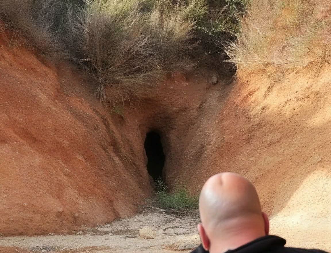Часть пещерного прохода в песчаном каньоне и голова человека на переднем плане.