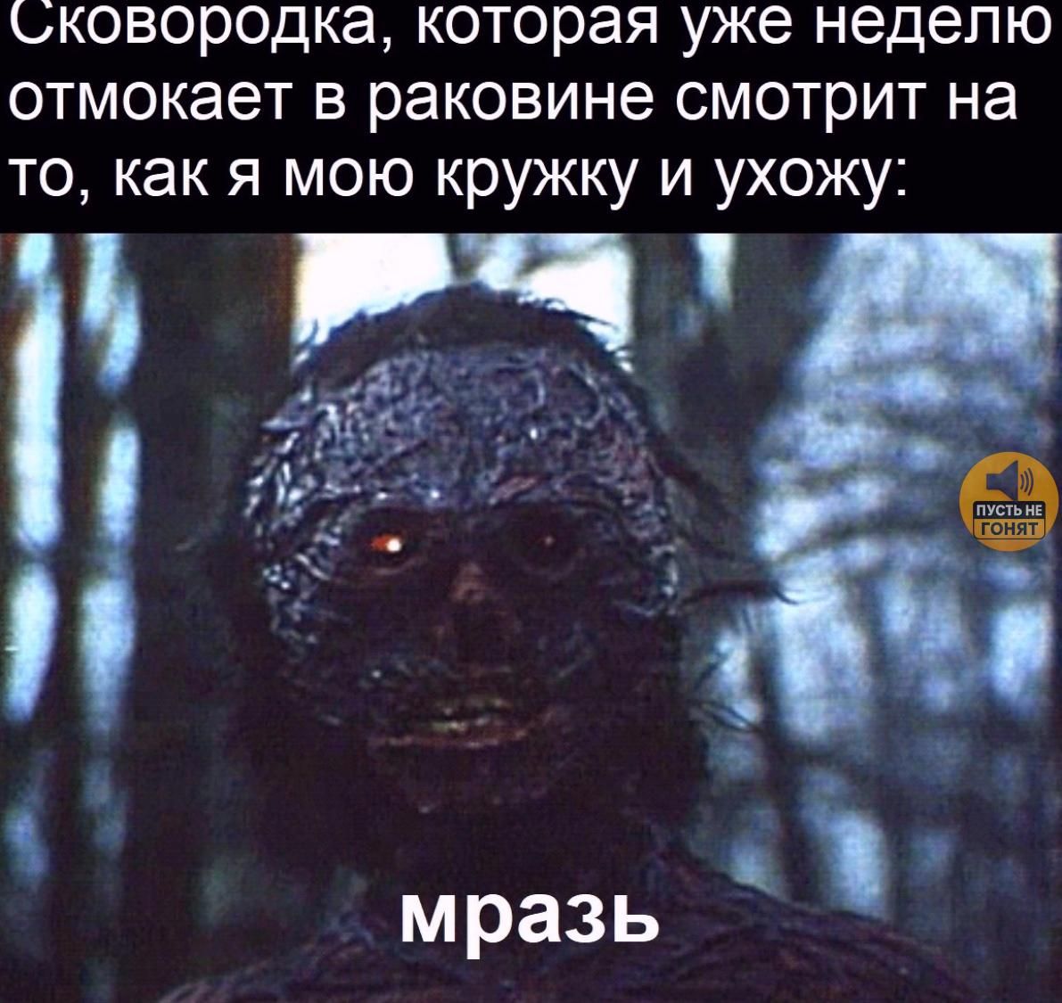 Сковородка, которая уже неделю отмокает в раковине смотрит на то, как я мою кружку и ухожу:\nмразь