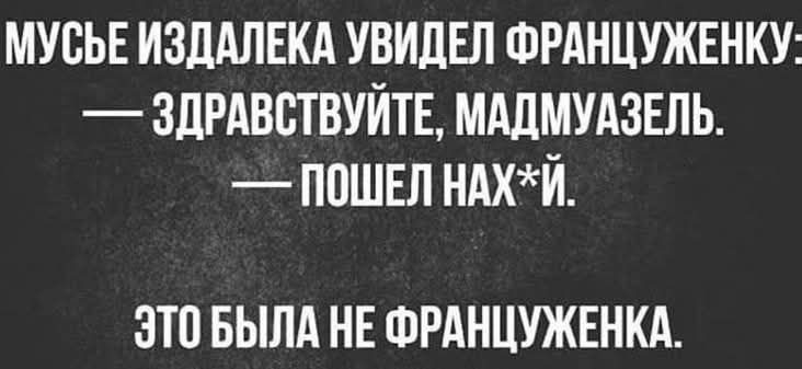 МУСЬЕ ИЗДАЛЕКА УВИДЕЛ ФРАНЦУЖЕНКУ — ЗДРАВСТВУЙТЕ, МАДМУЗЕЛЬ. — ПОШЕЛ НАХ*Й. ЭТО БЫЛА НЕ ФРАНЦУЖЕНКА.