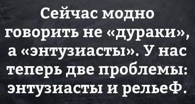 Сейчас модно говорить не «дураки», а «энтузиасты». У нас теперь две проблемы: энтузиасты и релеф.