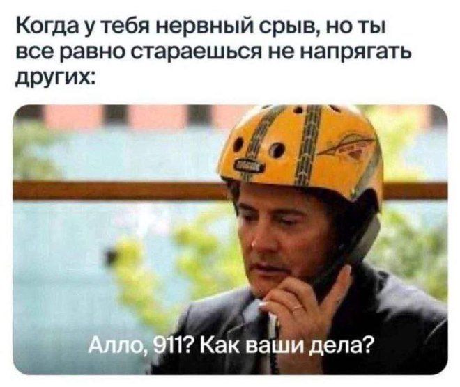 Когда у тебя нервный срыв, но ты все равно стараешься не напрягать других:
Алло, 911? Как ваши дела?