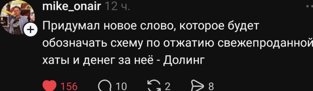 Придумал новое слово, которое будет обозначать схему по отжатию свежепроданной хаты и денег на неё - Долгин