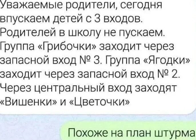 Уважаемые родители, сегодня выпускаем детей с 3 входов. Родителей в школу не пускаем. Группа «Грибочки» заходит через запасной вход № 3. Группа «Ягодки» заходит через запасной вход № 2. Через центральный вход заходят «Вишеньки» и «Цветочки»