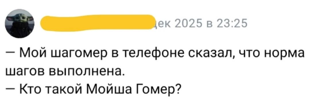 — Мой шагомер в телефоне сказал, что норма шагов выполнена.\n— Кто такой Мойша Гомер?