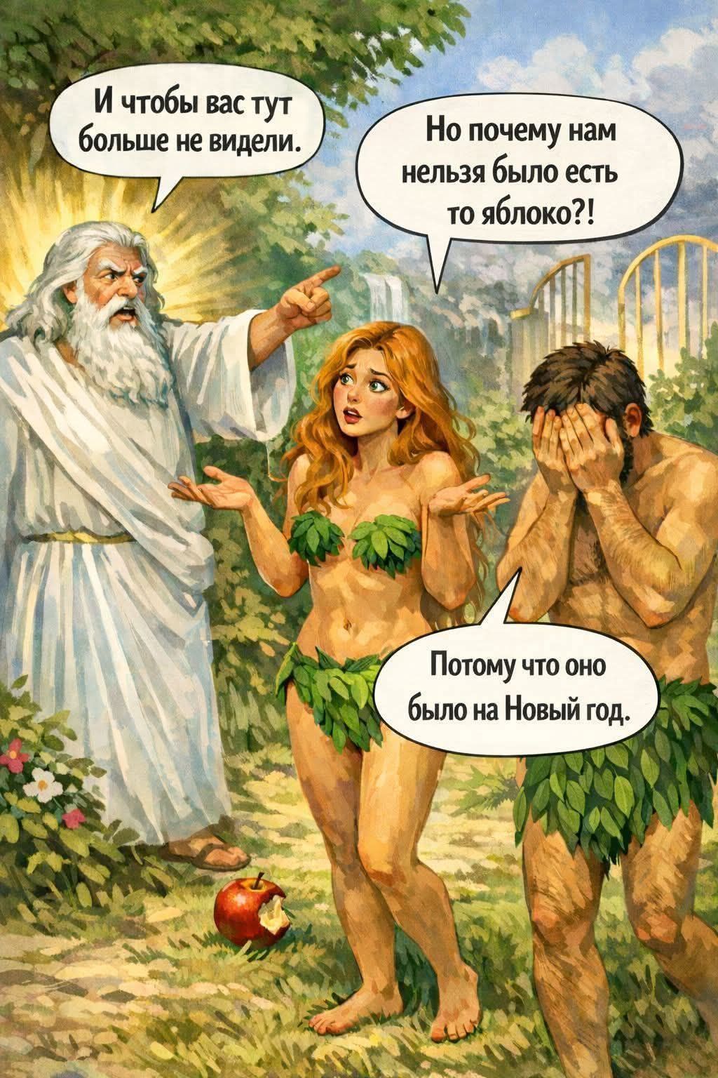 И чтобы вас тут больше не видели. Но почему нам нельзя было есть то яблоко?! Потому что оно было на Новый год.