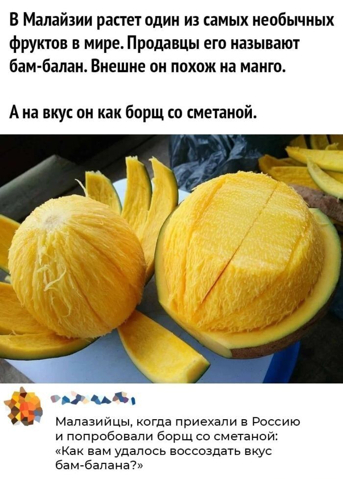 В Малайзии растет один из самых необычных фруктов в мире. Продавцы его называют bam-балан. Внешне он похож на манго. А на вкус он как борщ со сметаной.