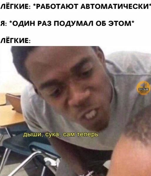 ЛЁГКИЕ: *РАБОТАЮТ АВТОМАТИЧЕСКИ* Я: *ОДИН РАЗ ПОДУМАЛ ОБ ЭТОМ* ЛЁГКИЕ: дыши, сука, сам теперь