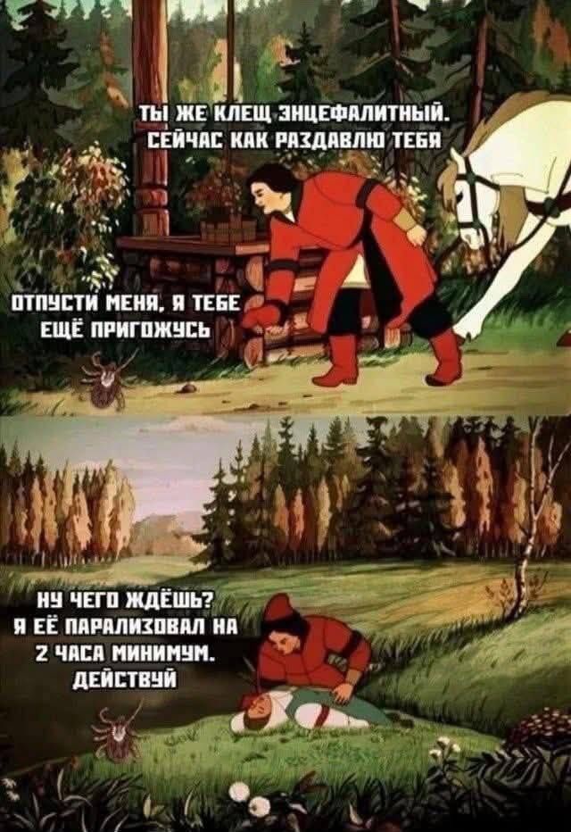 ТЫ ЖЕ КЛЕЩ ЭНЦЕФАЛИТНЫЙ, СЕЙЧАС КАК РАЗДАВЛЮ ТЕБЯ
ОТПУСТИ МЕНЯ, Я ТЕБЕ ЕЩЁ ПРИГОЖУСЬ
Ну ЧЕГО ЖДУЁШЬ? Я ЕЁ ПАРАЛИЗОВАЛ НА 2 ЧАСА МИНИМУМ. ДЕЙСТВУЙ