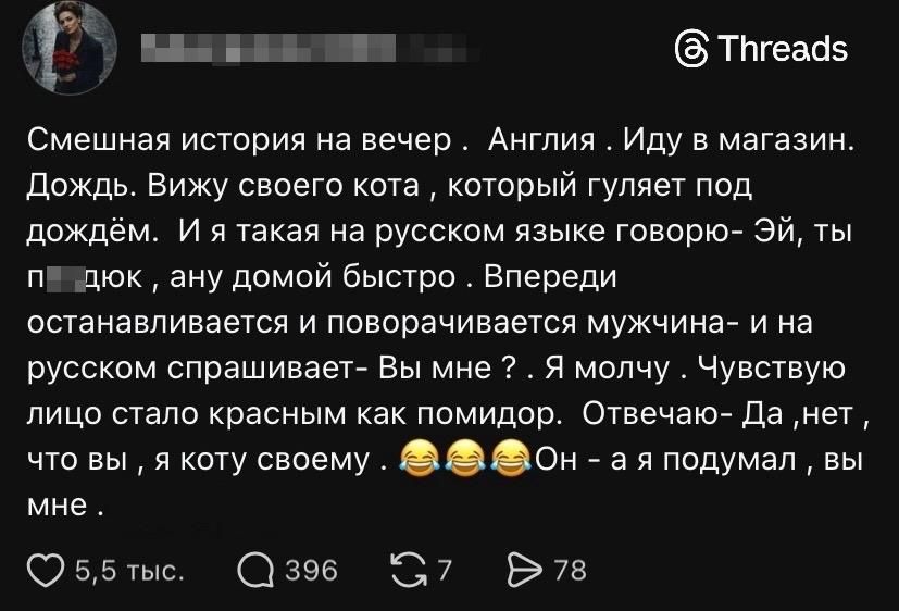 Смешная история на вечер. Англия. Иду в магазин. Дождь. Вижу своего кота, который гуляет под дождём. Я на русском: Эй, ты п...цюк, а ну домой быстро. Мужчина спрашивает: Вы меня? Я молчу. Лицо стало красным как помидор. Отвечаю: Да нет, что вы, я коту своему.